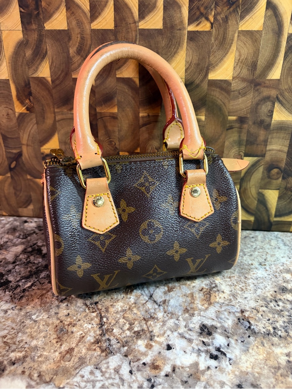 L-v Brown Monogram Mini Speedy with Natural Leather Handles